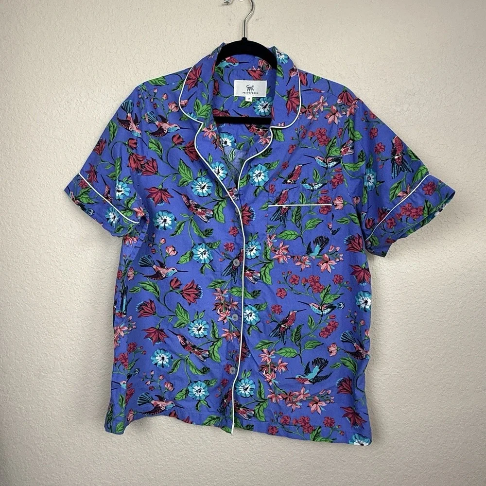 Print Fresh Anthropologie Hummingbird Pajama Top Only Blue Short Sleeve Sz M
